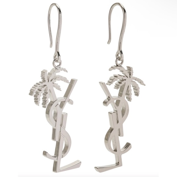 YSL Cassandre Monogram Palm Tree Logo Earrings | Silver - Picture 3 of 6